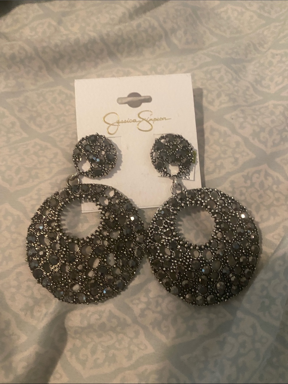 Jessica Simpson Gunmetal Filigree Crystal Hoop Earrings